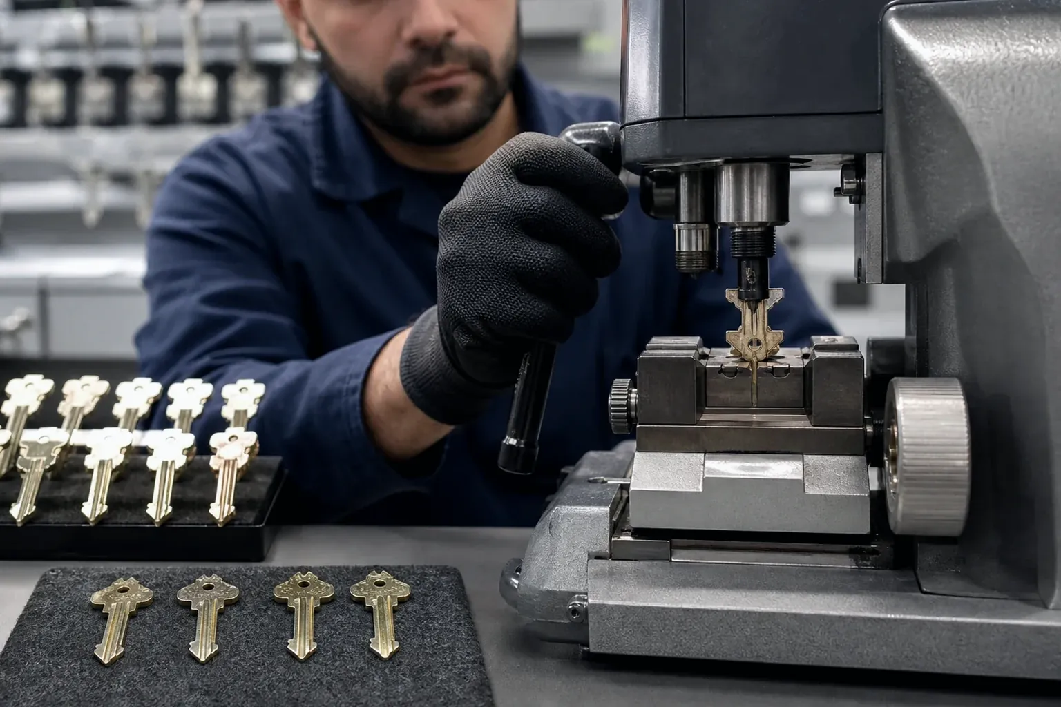 Chaveiro usando uma máquina para confeccionar uma chave tetra em Almirante Tamandaré.