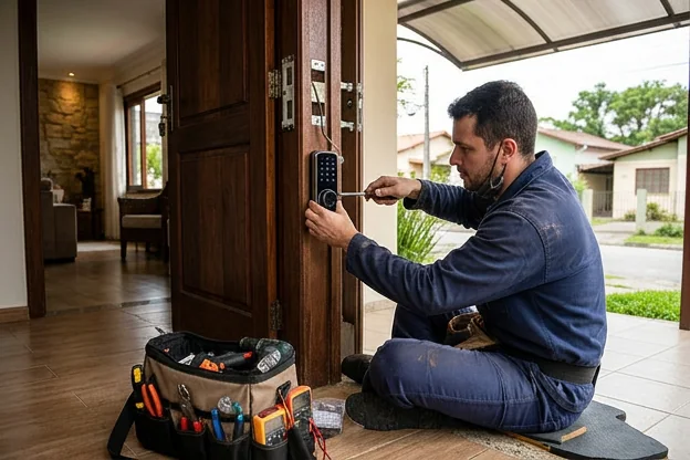 Profissional chaveiro instalando uma fechadura digital em uma porta em Almirante Tamandaré.