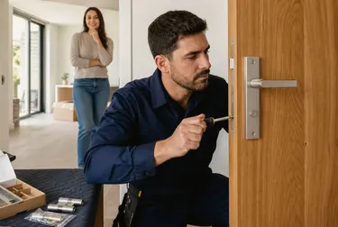 Profissional chaveiro instalando uma nova fechadura em uma porta em Almirante Tamandaré.